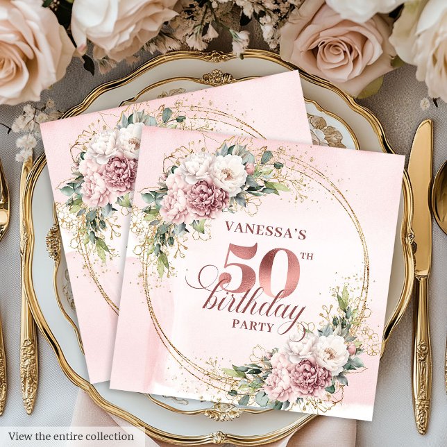 Rose Gold Blush Floral 50th Birthday Party Napkins Pappersservett (Rose gold floral 50th birthday,
dusty pink blush gold glitter,
opulent Soft pastel   pink flowers, 
)
