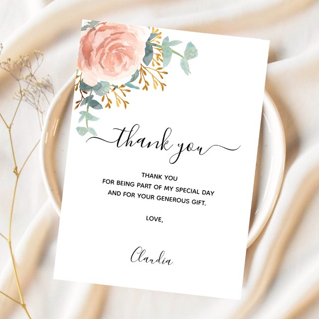 Rose gold blush floral eucalyptus greenery tack kort (Skapare uppladdad)