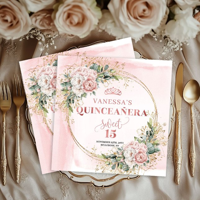 Rose Gold Blush Floral Greenery Napkin Mis Quince Pappersservett (Rose Gold Blush Floral Greenery Napkin for Mis Quince)