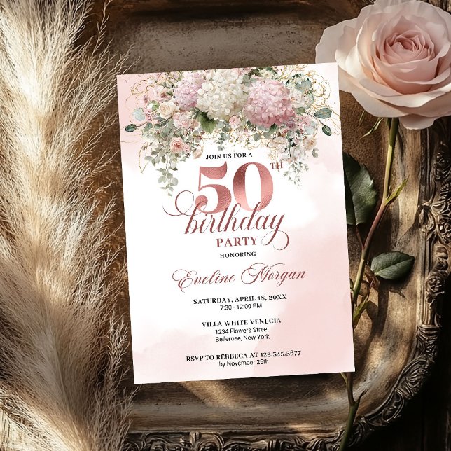 Rose Gold Blush Garden Floral 50th Birthday Invite Inbjudningar (Rose Gold Blush Garden Floral 50th Birthday Invitation)