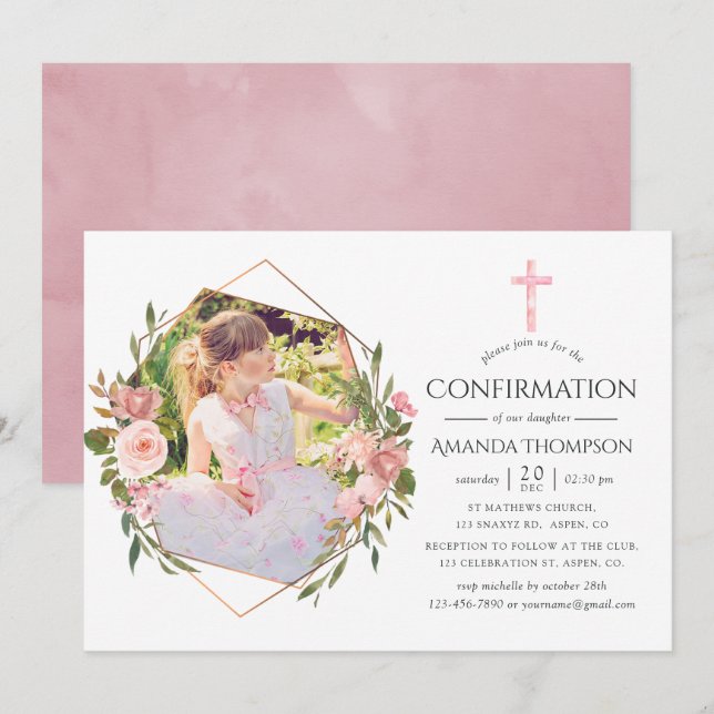 Rose Gold & Blush Geometrisk Bekräftelse Inbjudningar (Fram/baksida)