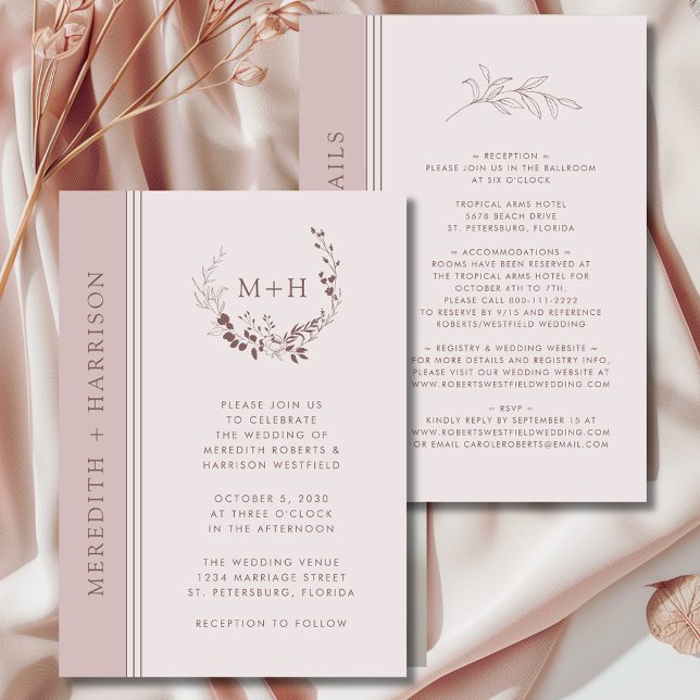 Rose Gold Blush Monogram All in One Wedding Inbjudningar (Rose Gold Blush Monogram Wreath All in One with Details Wedding Invitation)