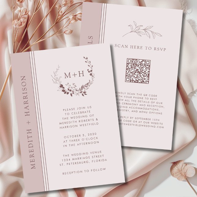Rose Gold Blush Monogram QR Code Wedding Inbjudningar (Rose Gold Blush Monogram Wreath All in One QR Code Wedding Invitation)