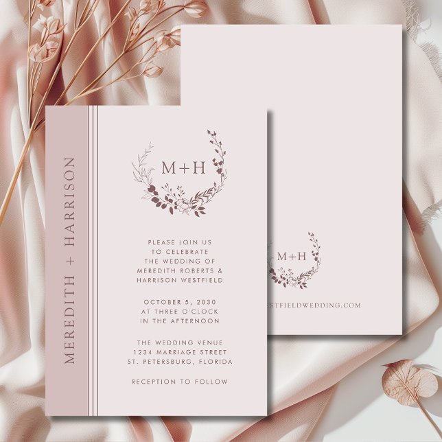 Rose Gold Blush Monogram Wreath Wedding Inbjudningar (Rose Gold Blush Monogram Wreath Wedding Invitation)