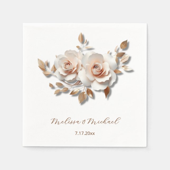 Rose Gold Blush Pink 3D Roses Your Names Wedding Pappersservett (Framsidan)