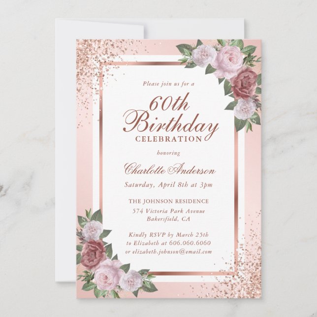 Rose Gold Blush Pink Confetti Floral 60th Birthday Inbjudningar (Framsida)