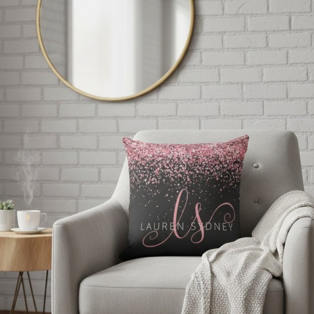 Rose Gold & Blush Pink Glitter Glam Monogram Name Kudde (Skapare uppladdad)