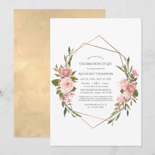 Rose Gold & Blush Rosa Blommig Firande Av Livet Inbjudningar (Fram/baksida)
