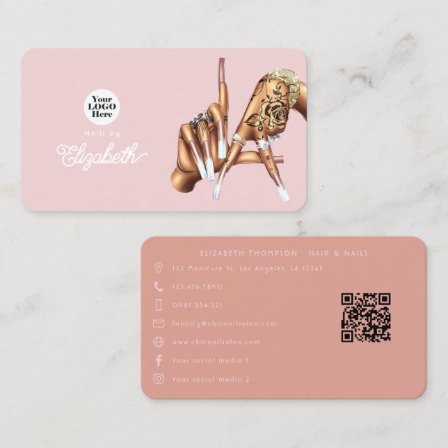 Rose Gold Blush Rosa LA-tecken Nagelsalong Visitkort (Fram/baksida)