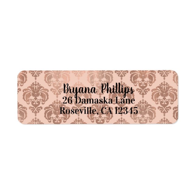 Rose Gold Blush Rosa Modern Glam Damask Returadress Etikett (Framsidan)