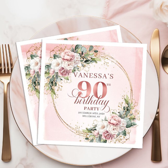 Rose Gold Bohemian Greenery 90th Birthday Party  Pappersservett (Rose Gold Bohemian Greenery 90th Birthday Party Napkins)