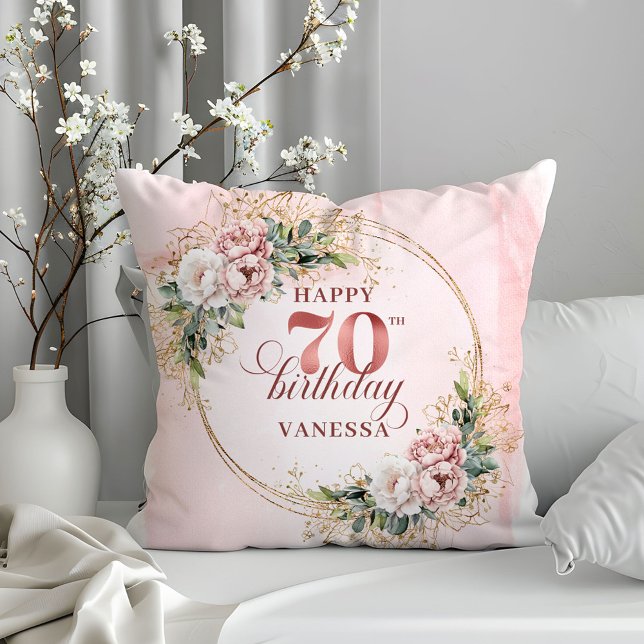 Rose Gold Bohemiska Blommor Kudde 70-årsdag  (Rose Gold Bohemian Flowers Pillow 70th Birthday Pillow)