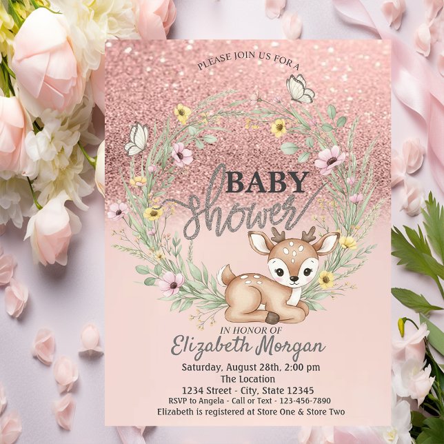 Rose Gold Bokeh,Baby Deer Flowers Baby Shower Inbjudningar (Skapare uppladdad)