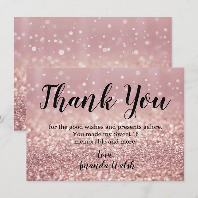 Rose Gold Bokeh-ljus Söt 16 Tacksamhetskort Inbjudningar (Fram/baksida)
