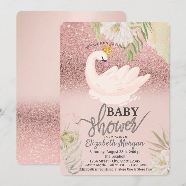 Rose Gold Bokeh, Svan Boho Blommor Bebis Shower  Inbjudningar (Fram/baksida)