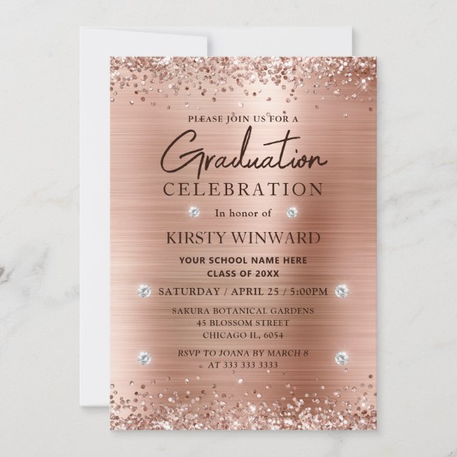 Rose Gold Borstad Metall och Glitter Examen Inbjudningar (Framsida)