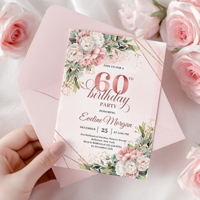 Rose Gold Botaniska Grönska 60-års Födelsedagsinbj Inbjudningar (Rose Gold Botanical Greenery 60th Birthday Invitation)