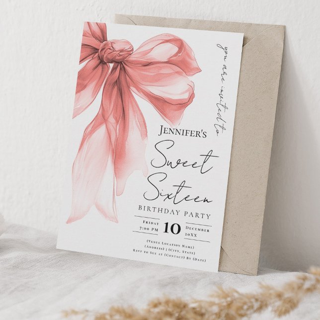 Rose Gold Bow Coquette Script Sweet 16 Party  Inbjudningar (Rose Gold Bow Coquette Script Sweet 16 Party Invitation)