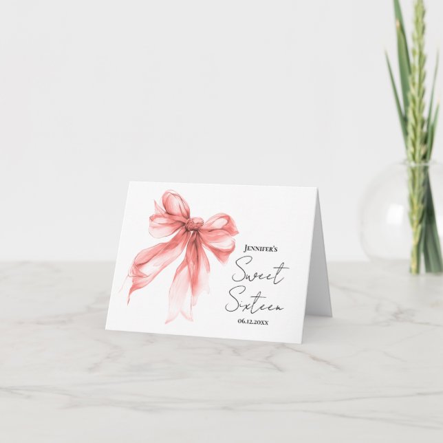 Rose Gold Bow Coquette Script Sweet 16 Tack  Kort (Framsida)