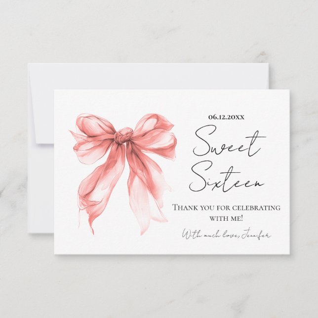 Rose Gold Bow Coquette Script Sweet 16 Thank You  Tack Kort (Framsida)