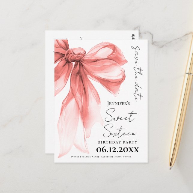 Rose Gold Bow Coquette Sweet 16 Save the Date  Vykort (Fram/Back In Situ)