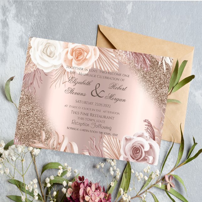 Rose Gold Bröllopsklänning Boho Blommor Inbjudningar (Skapare uppladdad)
