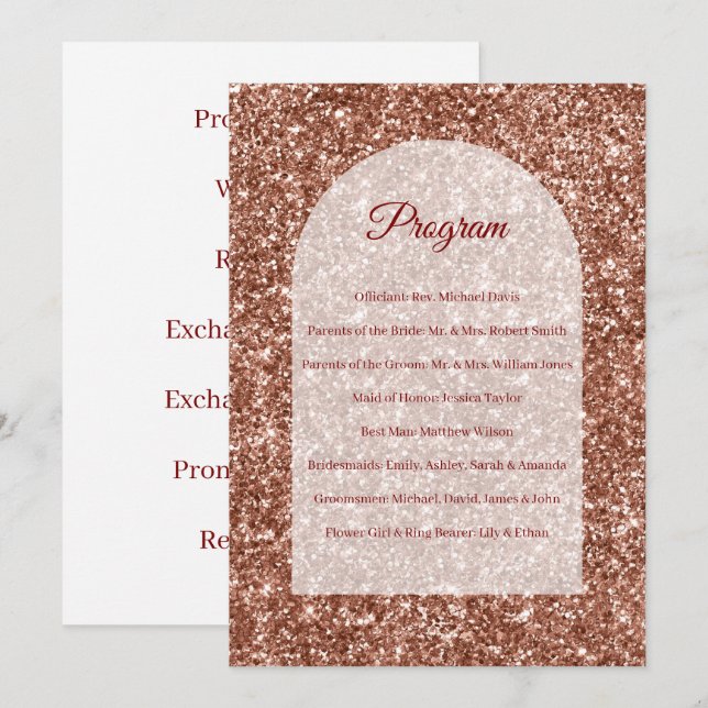 Rose Gold Bröllopsprogram Ceremoni Bågformad Glitt Program (Fram/baksida)