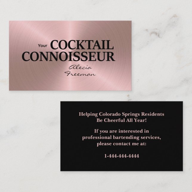 Rose Gold Brushed Event Bartender Business Card Visitkort (Fram/baksida)