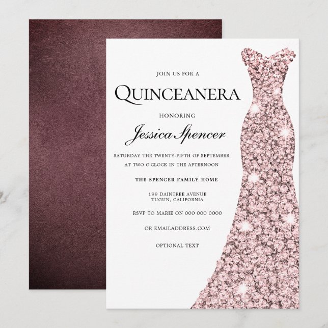 Rose Gold & Burgundy Velvet Quinceanera Inbjudan (Fram/baksida)