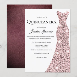 Rose Gold & Burgundy Velvet Quinceanera Inbjudan