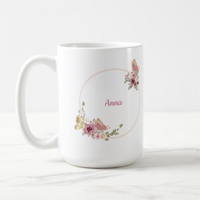 Rose Gold Butterfly Floral Latte Mug – Custom Name Kaffemugg (Vänster)