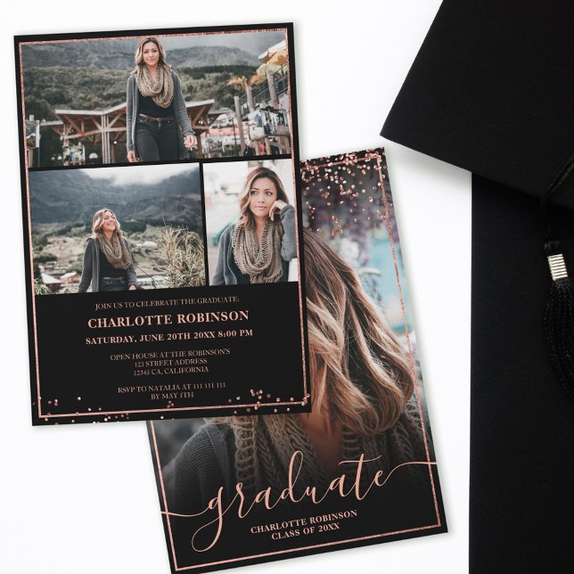 Rose gold confetti border script photo graduation inbjudningar (Skapare uppladdad)