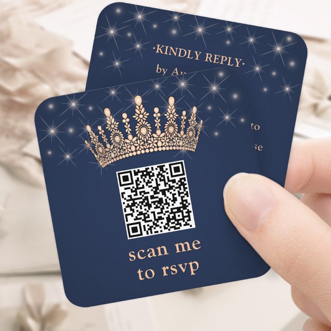 Rose Gold Crown QR Code RSVP Navy Blue Quinceañera Tilläggskort (Skapare uppladdad)