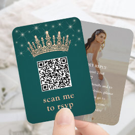 Rose Gold Crown Quinceañera Photo QR RSVP Green Tilläggskort