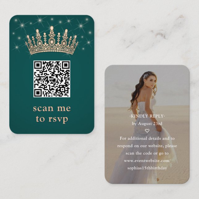 Rose Gold Crown Quinceañera Photo QR RSVP Green Tilläggskort (Fram/baksida)