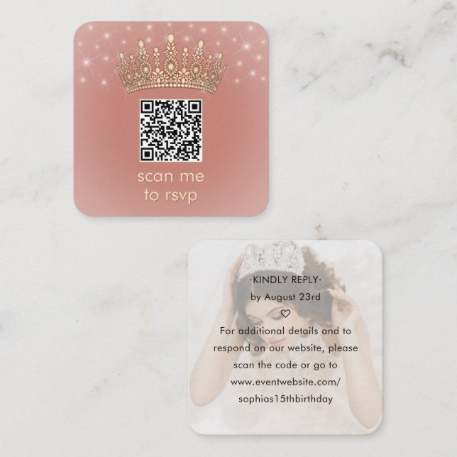 Rose Gold Crown Quinceañera Photo Scan Me QR RSVP Tilläggskort (Fram/baksida)