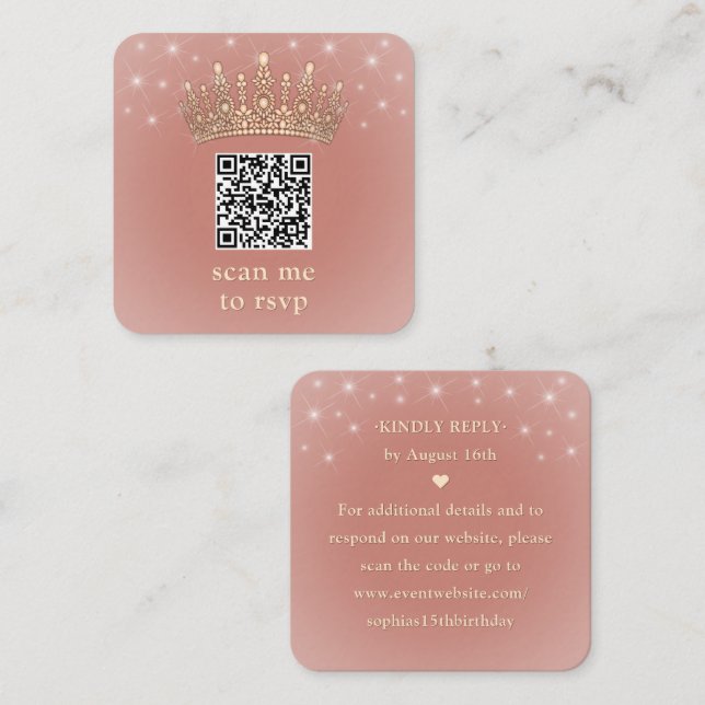 Rose Gold Crown Quinceañera Scan Me QR Code RSVP Tilläggskort (Fram/baksida)