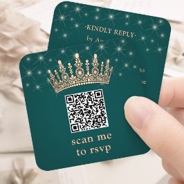 Rose Gold Crown Scan Me Quinceañera QR RSVP Green Tilläggskort