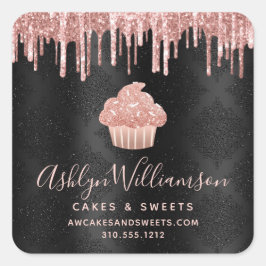 Rose Gold Cupcake Glitter Drips Bageri på Svart Fyrkantigt Klistermärke
