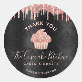 Rose Gold Cupcake Glitter Drips Bageri Svart Chef Runt Klistermärke