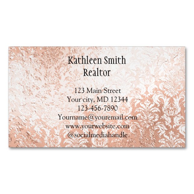 Rose Gold Damask Elegant Feminint Magnetiska Visitkort (Framsida)
