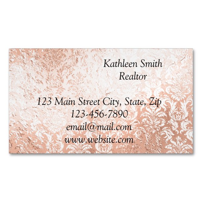 Rose Gold Damask Elegant Skrift Magnetiska Visitkort (Framsida)