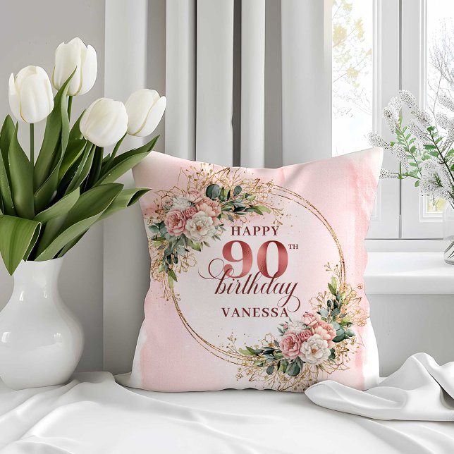 Rose Gold Damigrosa Blommig 90-årsdags Kudde (Rose Gold Dusty Pink Floral 90th Birthday Pillow)