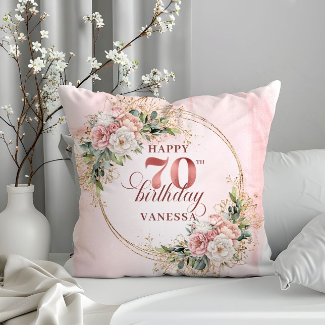 Rose Gold Dammig Rosa Blommig Akvarell 70 födelsed Kudde (Shimmering Rose Gold Flowers & Greenery 70th Birthday Pillow)