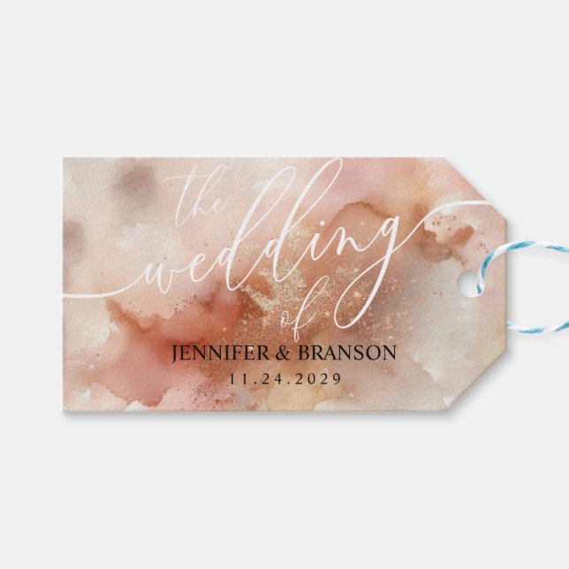 Rose Gold Dammig Vattenfärg Bröllop Presentetikett (Framsidan (Horisontell))
