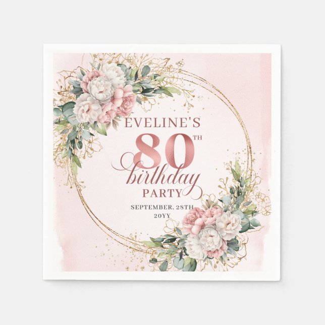 Rose Gold Dammtrosa Blommig Boho 80-årsdag  Pappersservett (Framsidan)
