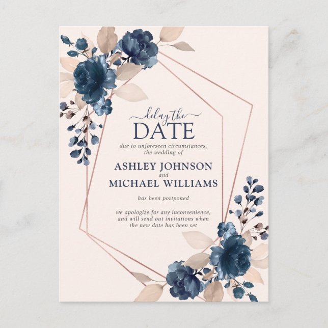 Rose Gold Damrosa Navyblå Blommig Fördröj Datumet Meddelande Vykort (Framsida)