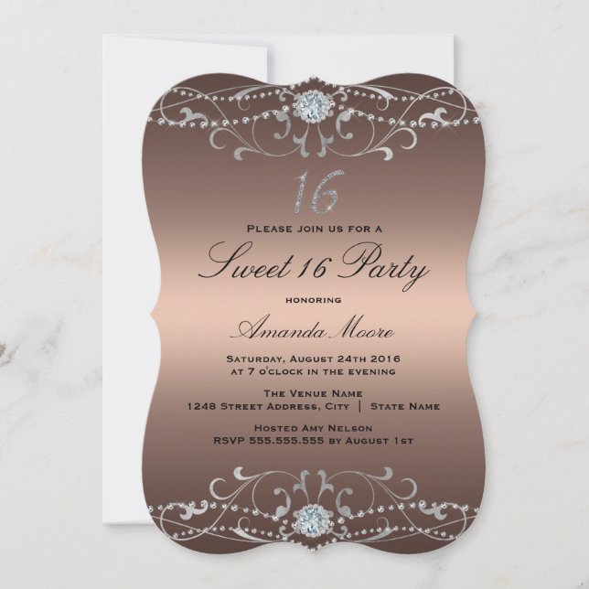 Rose Gold Diamant Damask Sweet 16 Inbjudan (Framsida)