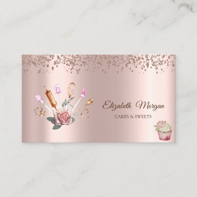 Rose Gold-diamanter, blomma, cupcake-bakverktyg Visitkort (Framsida)