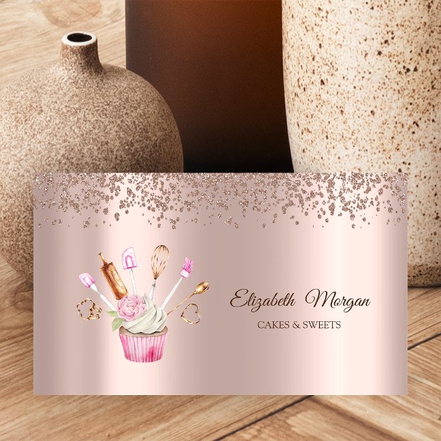 Rose Gold-diamanter, blommig cupcake-bakverktyg Visitkort (Skapare uppladdad)